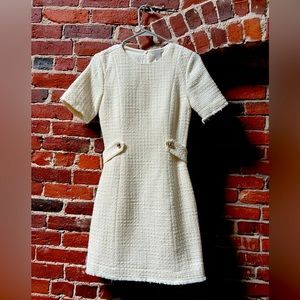 H&M Ivory Boucle Tweed Style Dress with Belt and Gold Accents